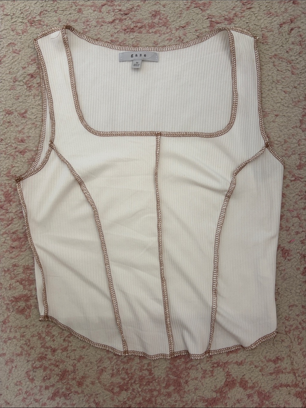 gaze Ivory Ribbed Tank with Brown Contrast Stitching